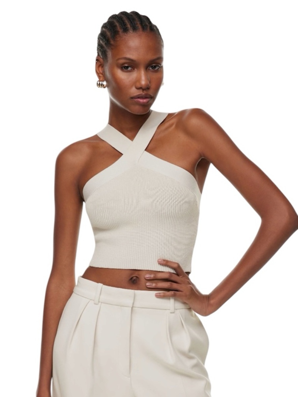 Babaton Aritzia Women’s Sculpt Knit Criss Cross Cropped Tank Top Matte Pearl XS